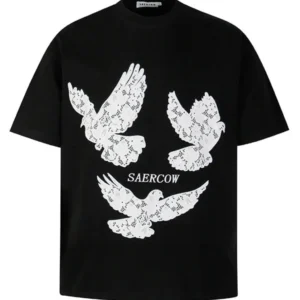 Men’s Oversized Cotton Tee with White Lace-Inspired Flying Dove Graphic Print Black