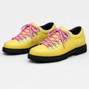 Men’s Yellow Low Top Hiking Shoes With Pink Contrast Laces