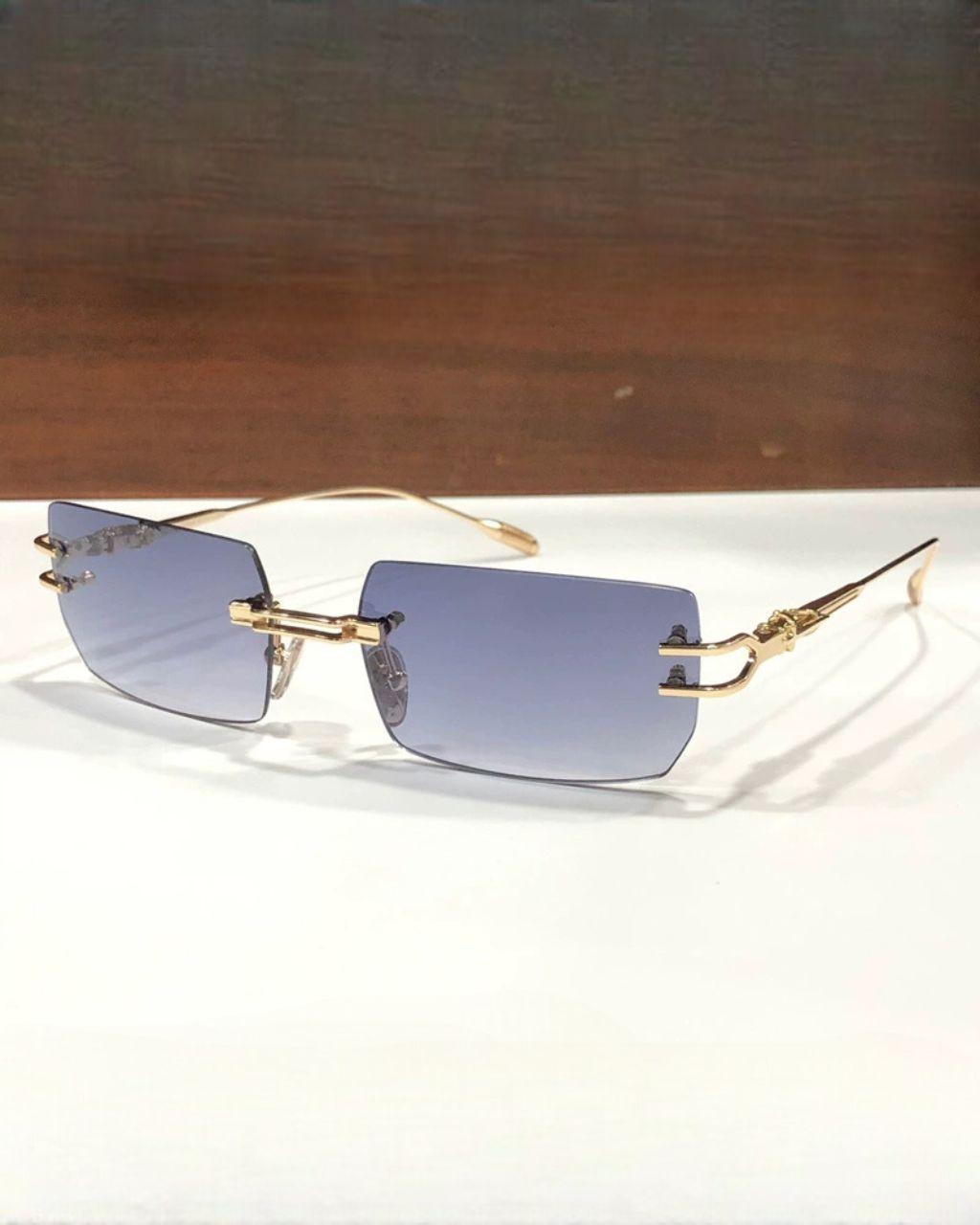 Men’s Rimless Rectangular Sunglasses Featuring Violet Gradient Lenses And Ornate Gold Temples