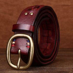 Men's Handwoven Brown Leather Belt with Rustic Basket-Weave Pattern With Antique Brass Oval Buckle