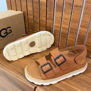 Men’s Leather-Look Sandals – Brown with White Sole &amp; Black Buckles