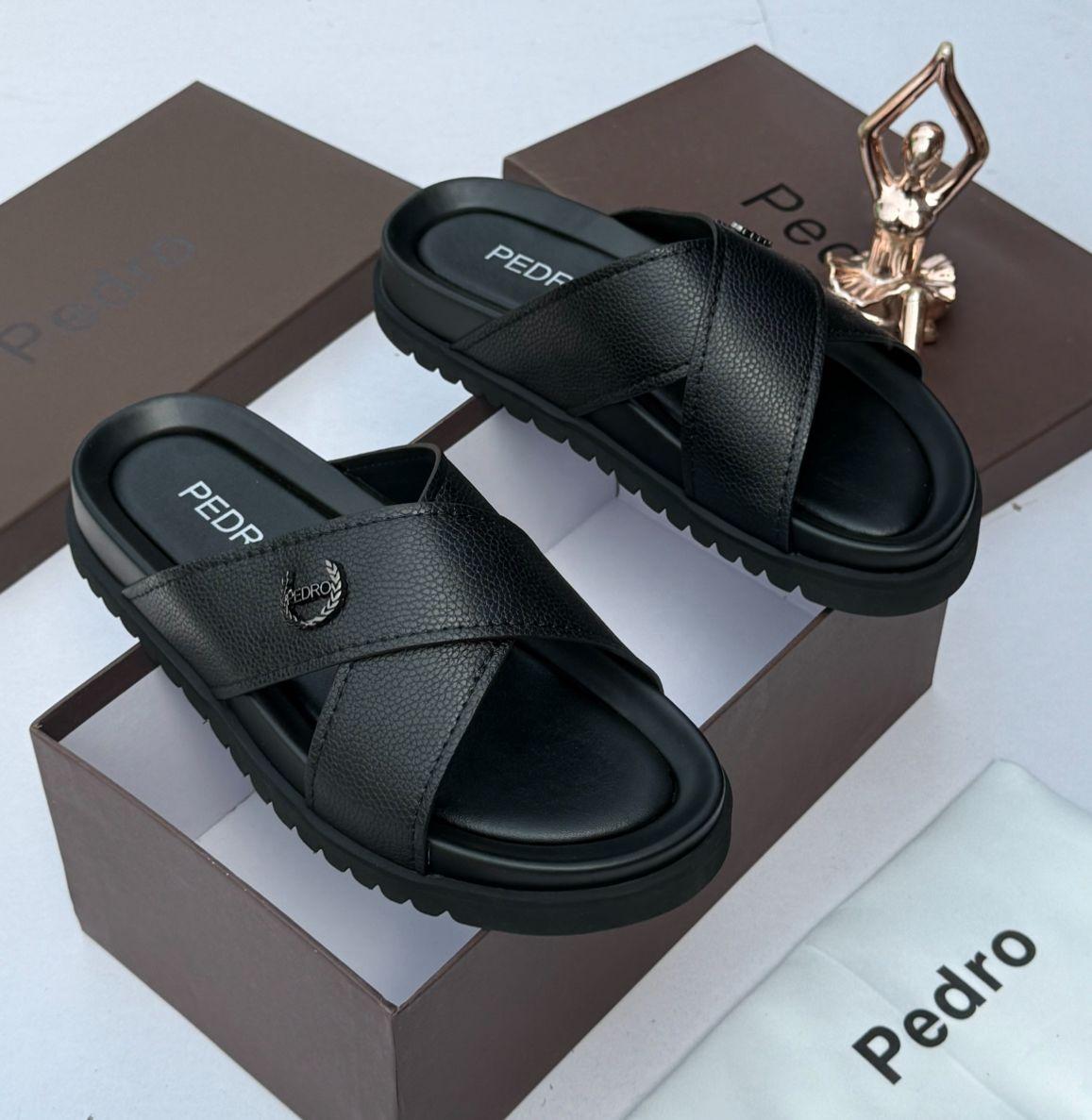Pedro Black Textured Cross-Strap Slides