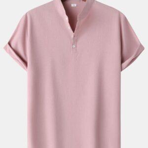 Men's Casual Loose V Neck Lapel Short Sleeves Shirts Pink