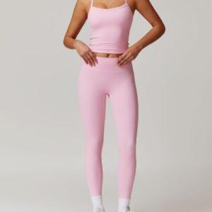 Women's Tight-Fitting Sanded Yoga Fitness Clothes Running Sports Suit (Vests + Pants) Pink