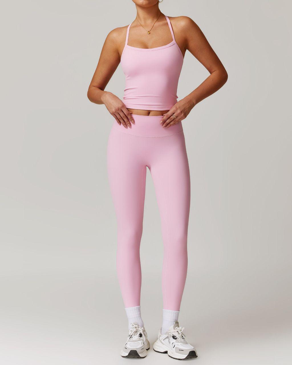 Women's Tight-Fitting Sanded Yoga Fitness Clothes Running Sports Suit (Vests + Pants) Pink